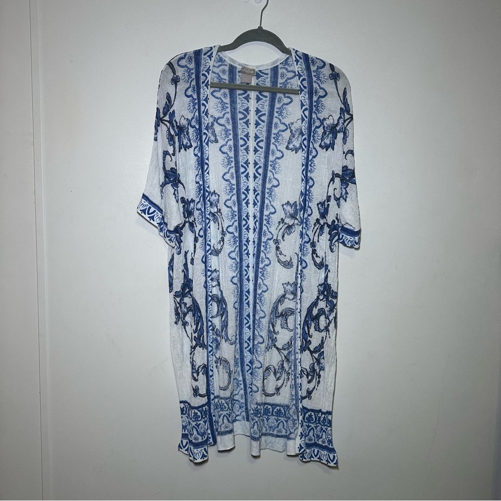 Chico’s Blue White Boho Lightweight Gauzy Longline Open Front Cardigan Kimono - Picture 2 of 9